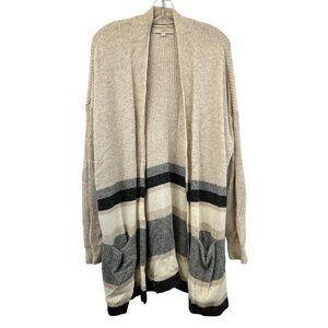 Loft Womens Open Front Knit Sweater Beige/Multi Vented Sides Pockets Size XL